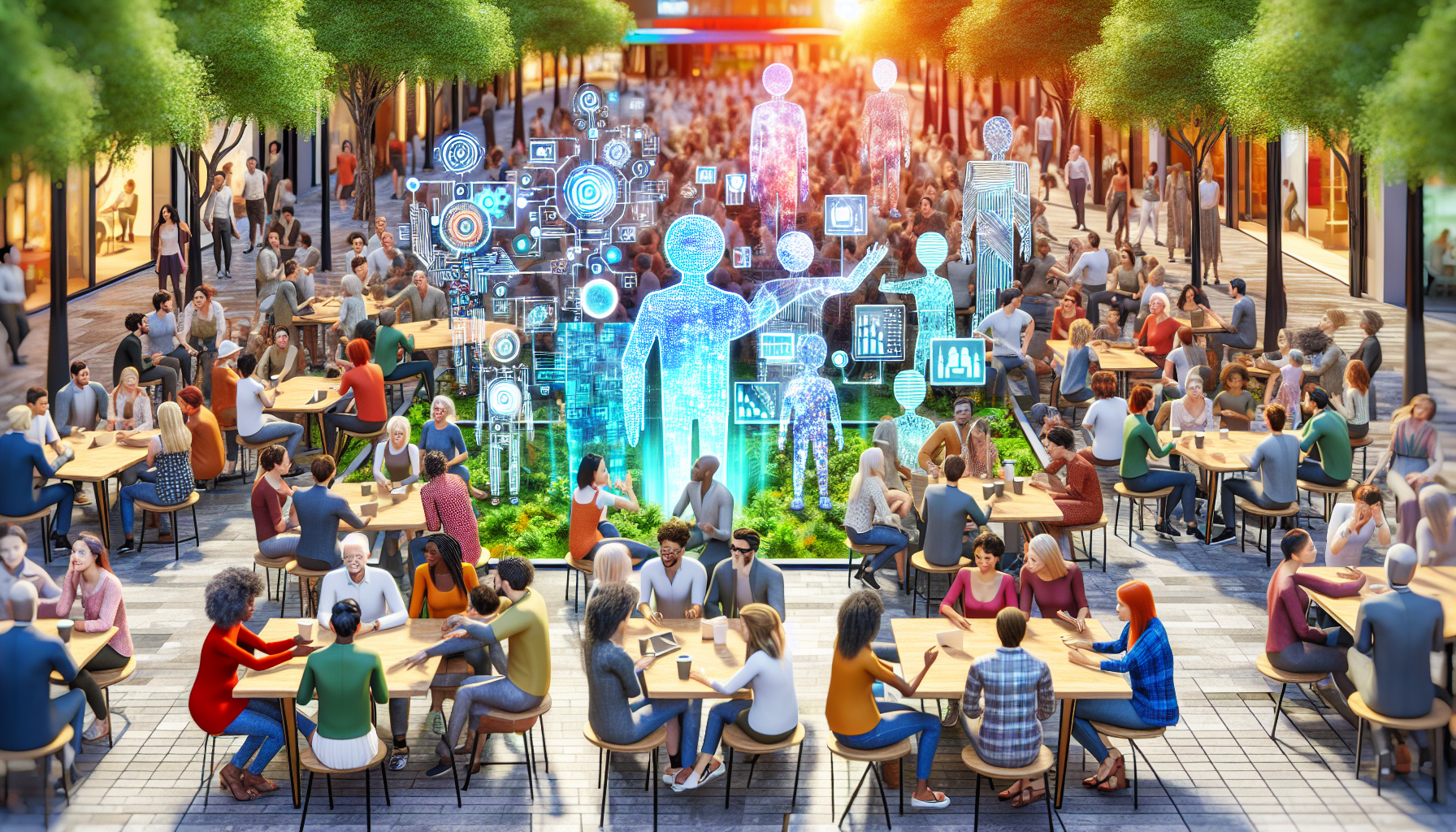 Illustration of a vibrant community engaging in discussions and knowledge sharing related to AI and NLP