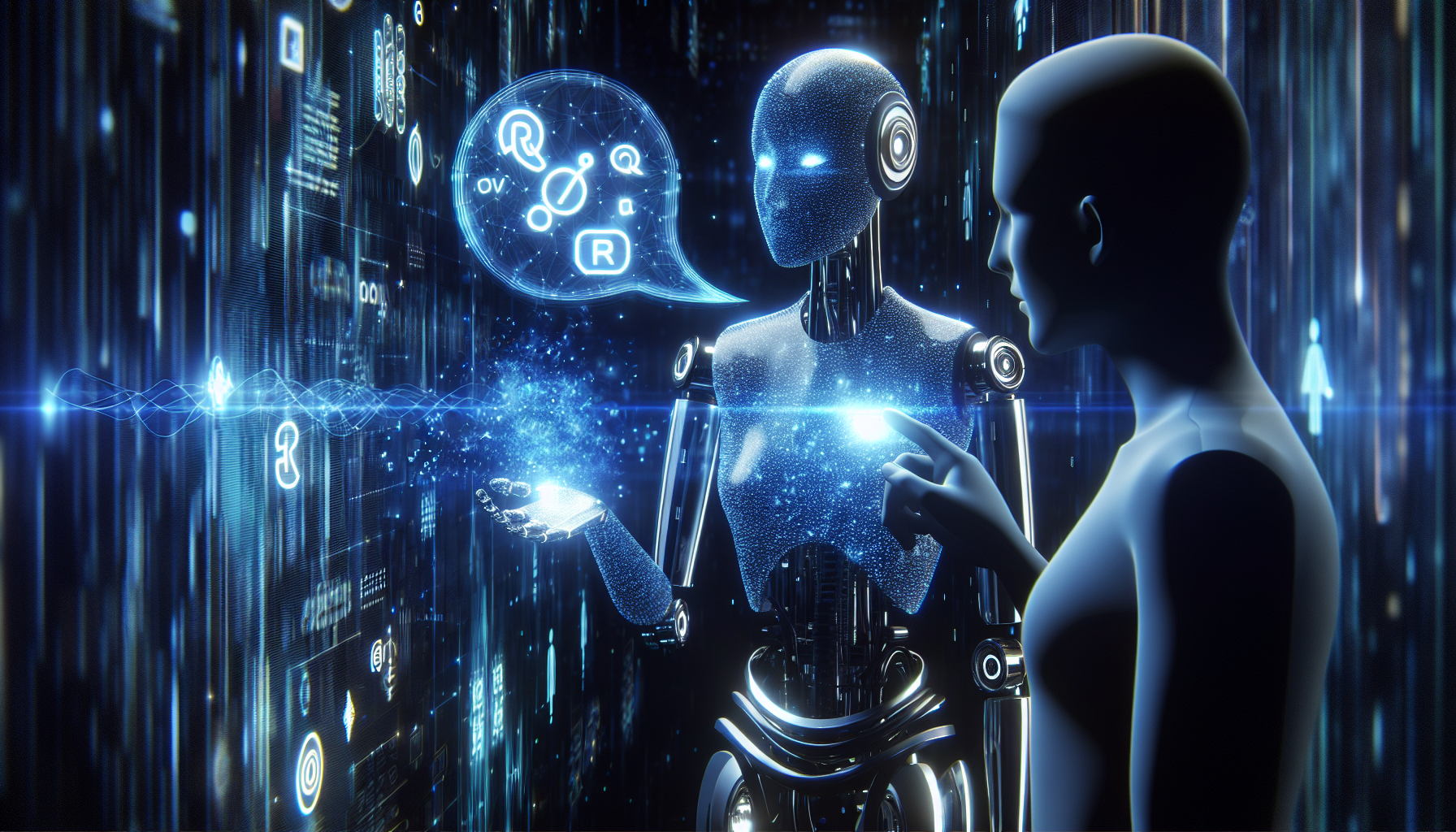An illustration of a futuristic AI chatbot interacting with a user, representing the concept of Google Bard revolutionizing conversational AI