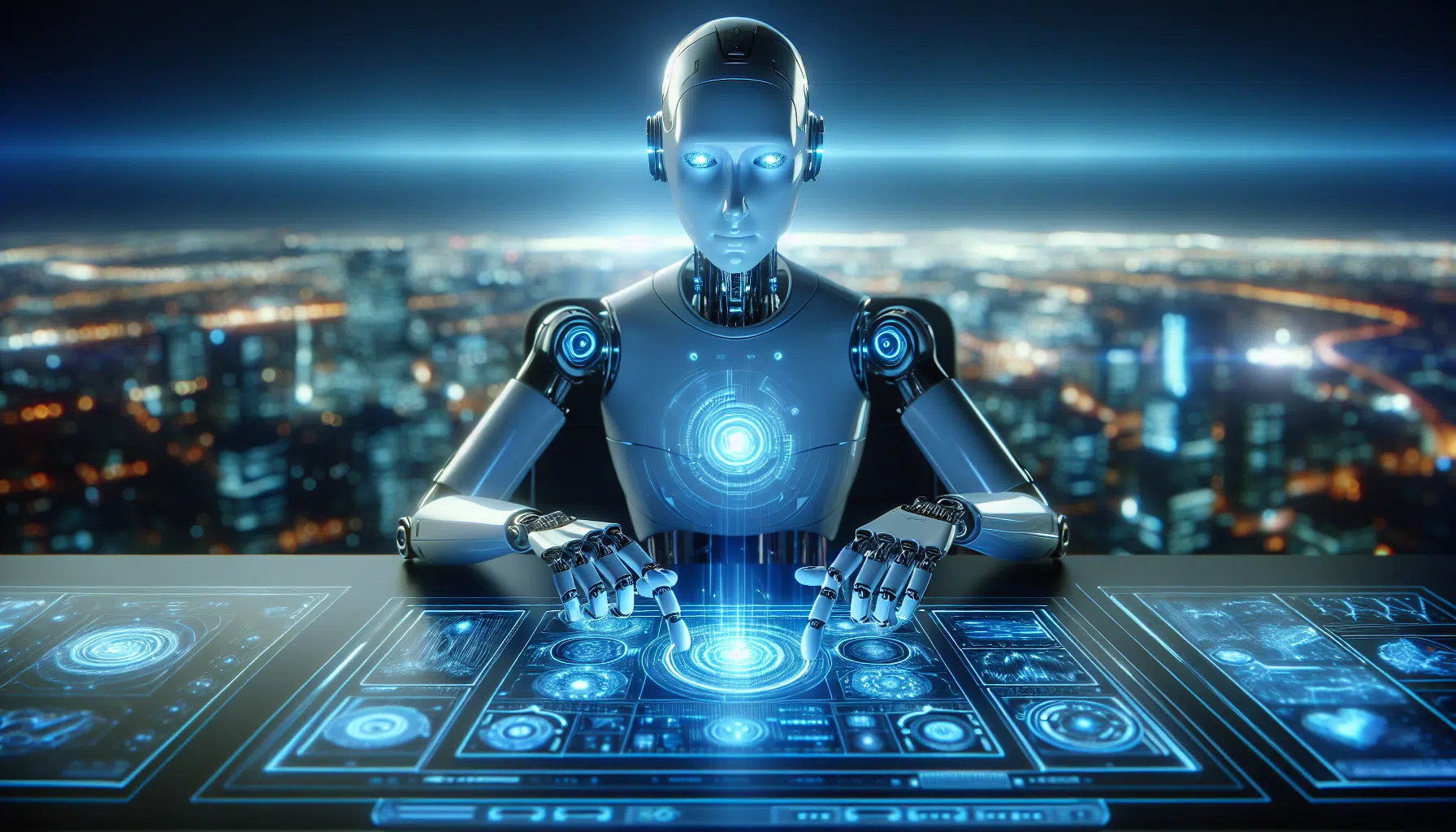 An illustration of a futuristic AI-powered writing assistant with various text and image generation features