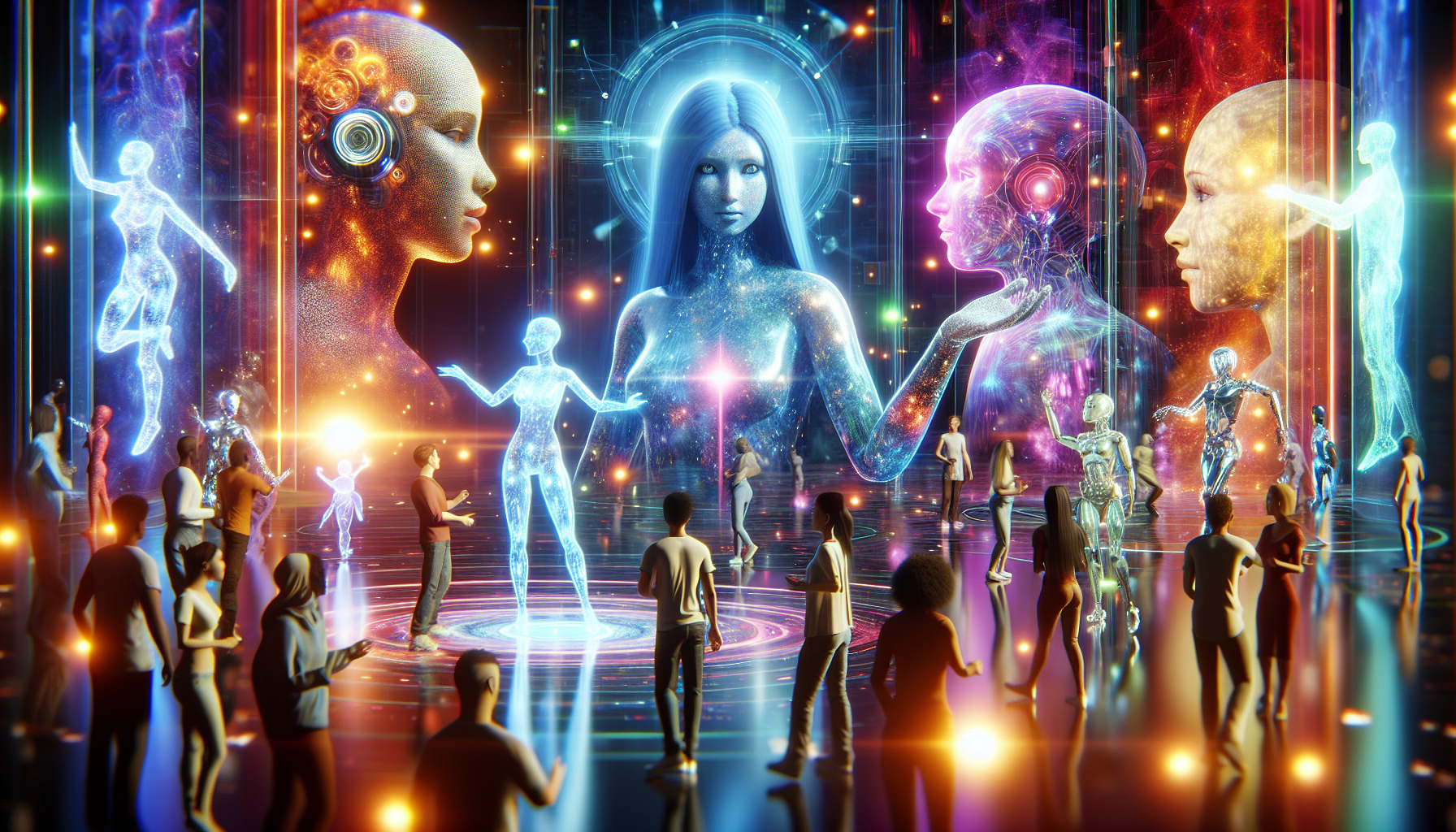 Illustration of AI avatars interacting with human beings
