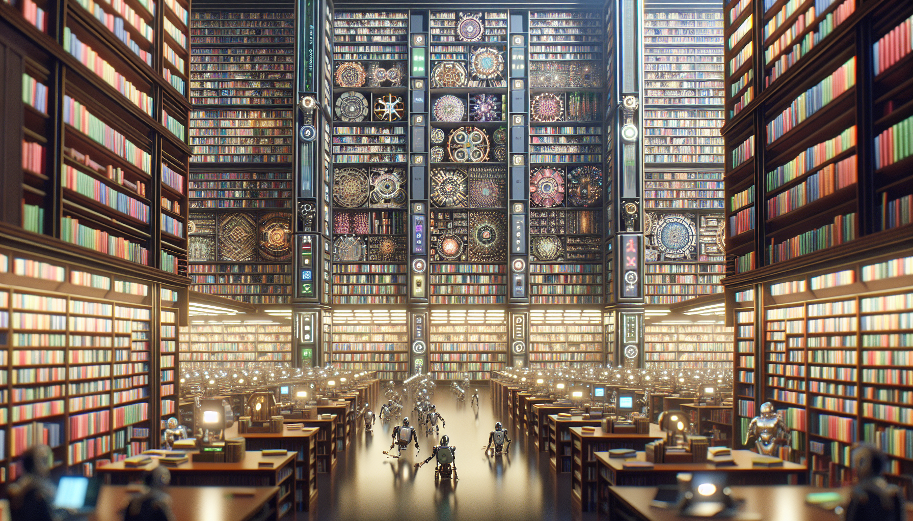 Illustration of a library filled with books representing the Transformers library for NLP and ML tasks