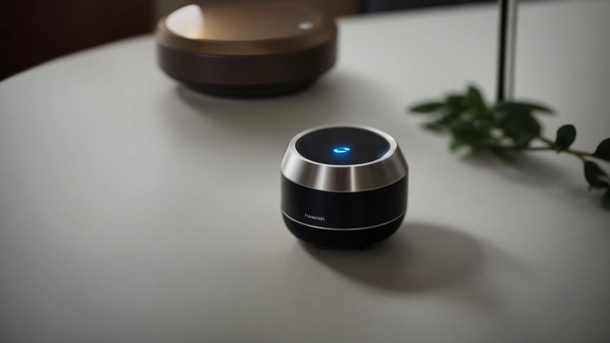 a voice-activated device lights up in response to a user's spoken query in a smart home environment.