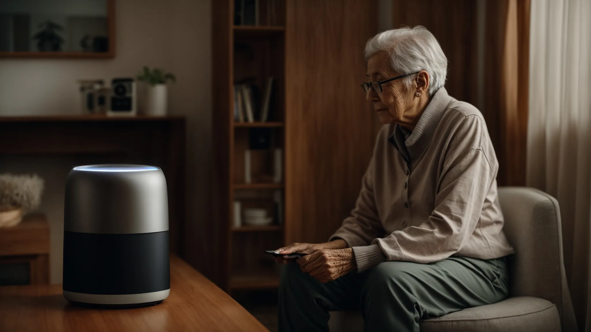 an elderly person speaking to a smart speaker in a cozy living room.
