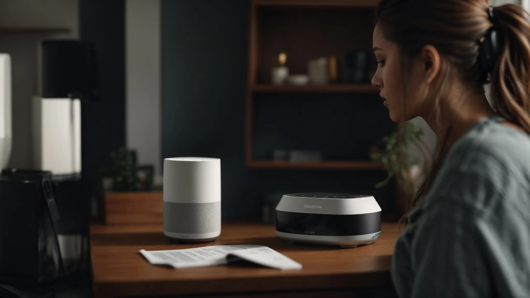 a person speaks to a smart speaker that sits on a modern home desk setup, while exploring the potential of voice commands.