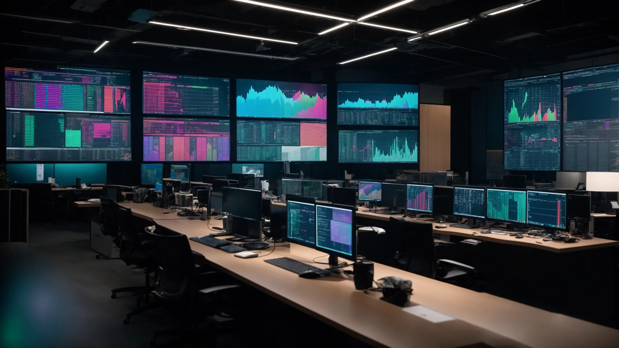 a high-tech office with multiple large screens displaying colorful data analytics graphs and an ai brain hologram.