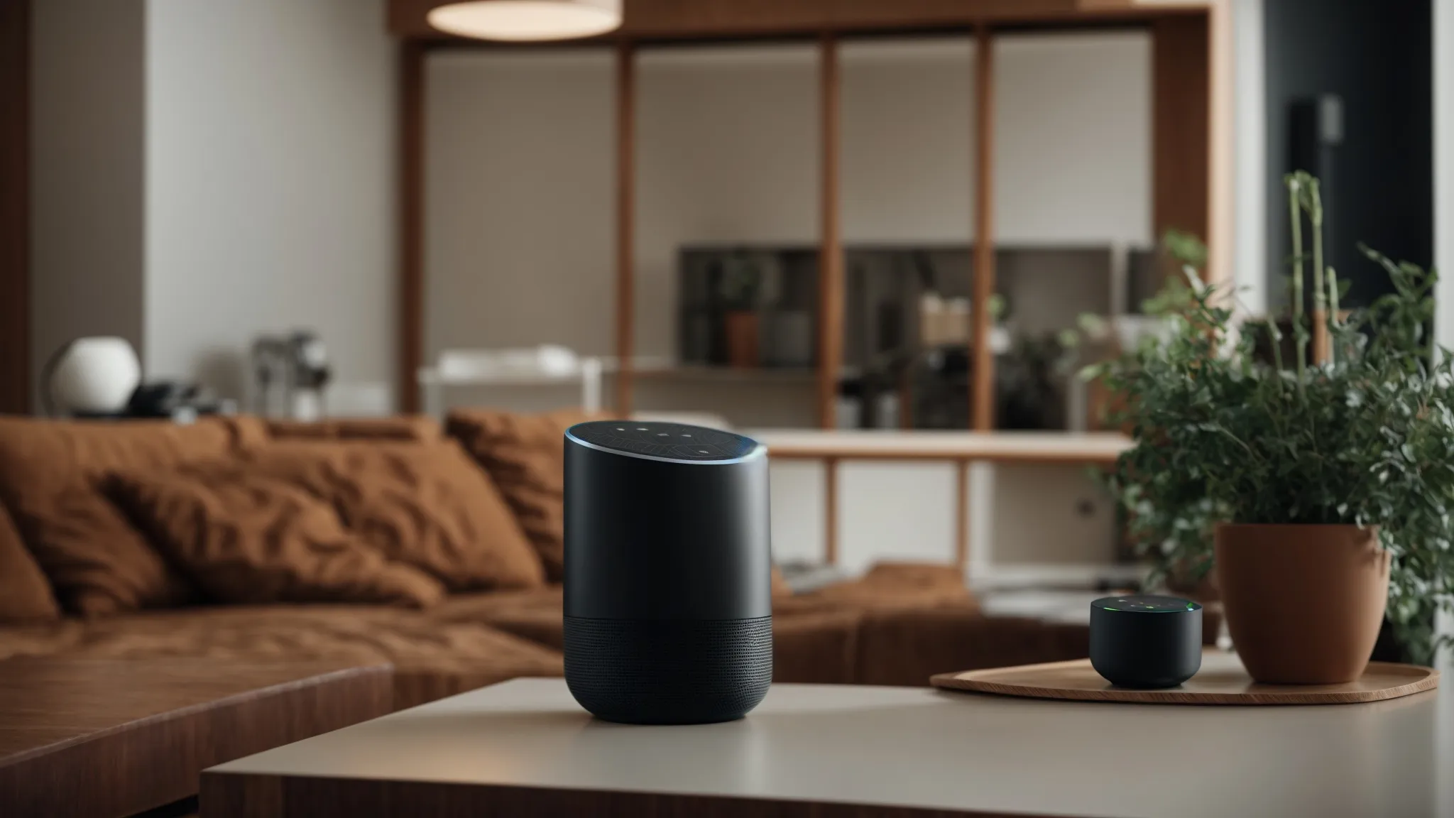 a person speaking into a smart speaker placed in a modern living room.