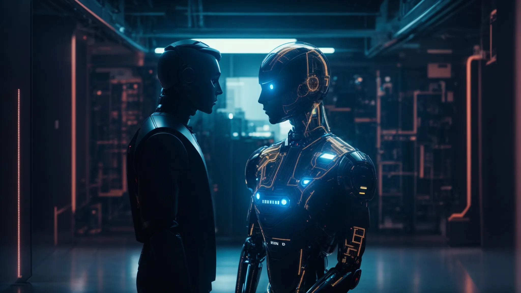 a conceptual image of a humanoid robot and a human silhouette facing each other with a digital interface of data flow in the background.