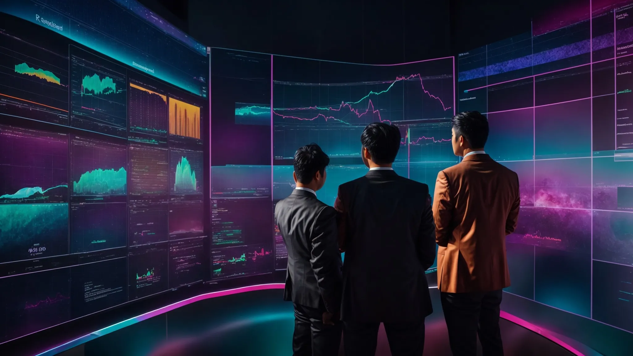 a team of marketers gathered around a large screen displaying colorful graphs and consumer trends analyzed by ai algorithms.