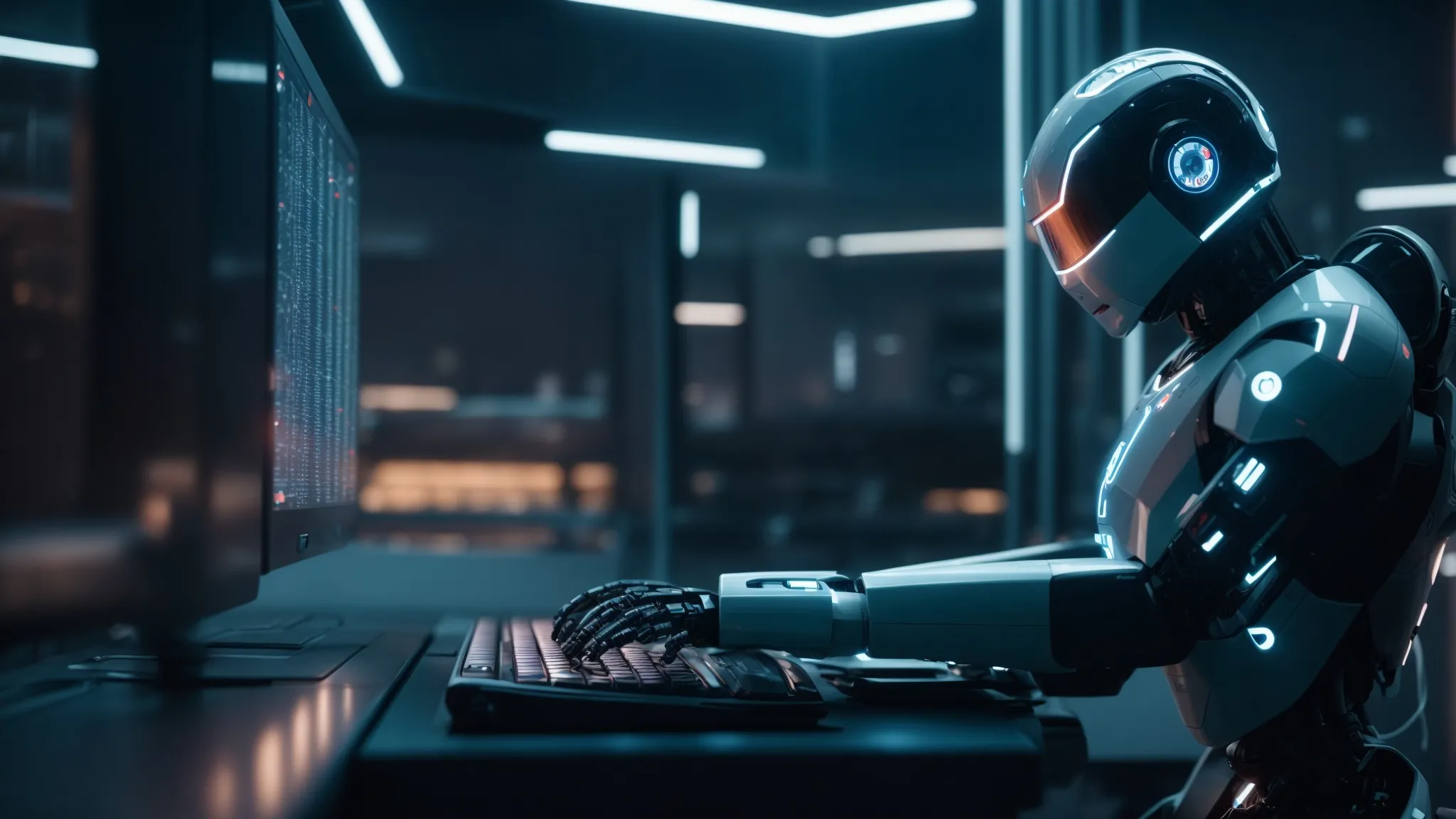 a human-like robot typing on a futuristic computer interface exemplifies the integration of ai chatbots in digital marketing.