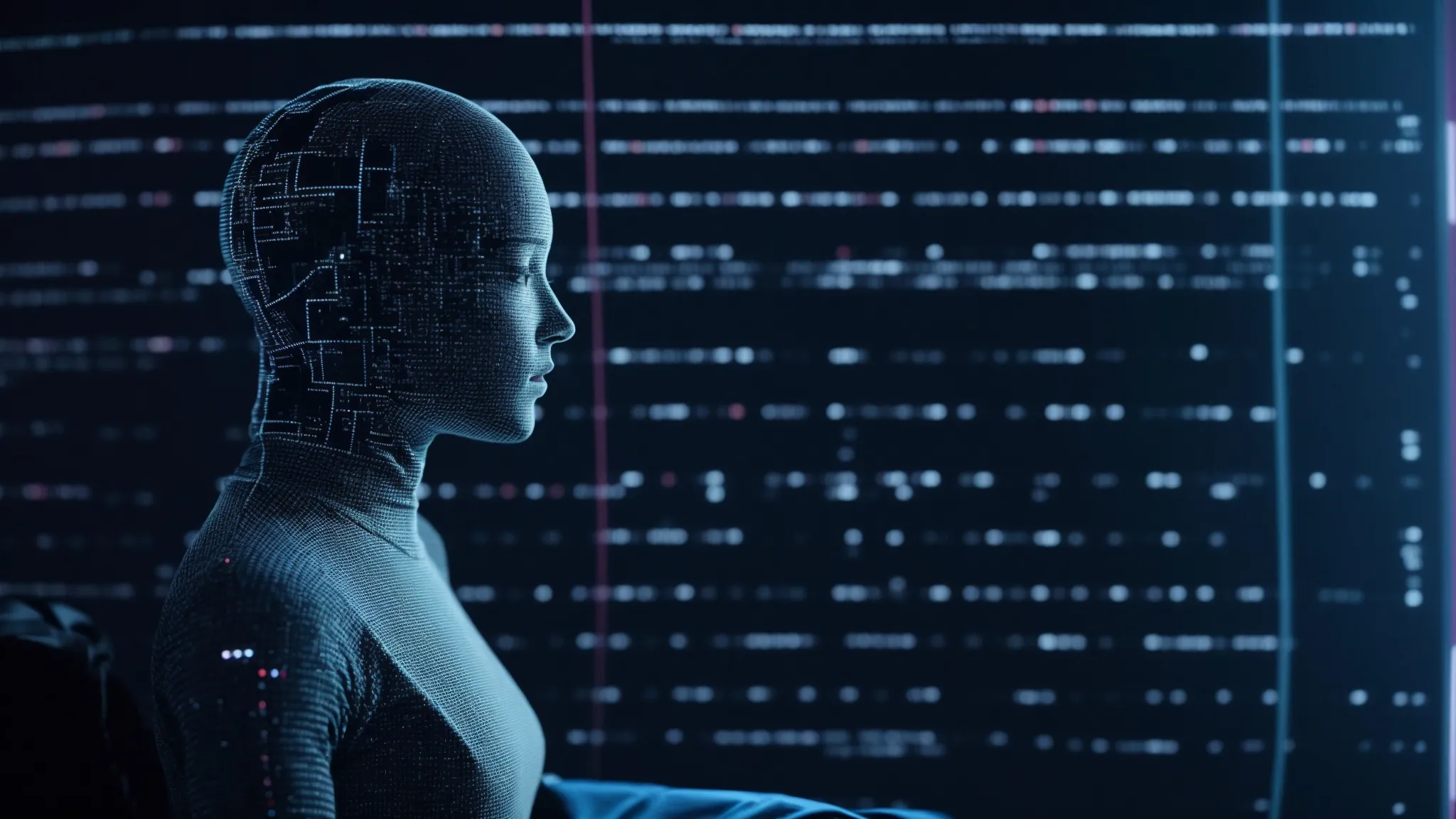 a blank-faced humanoid figure sits before a computer screen aglow with lines of code, symbolizing the integration of ai chatbots in marketing.