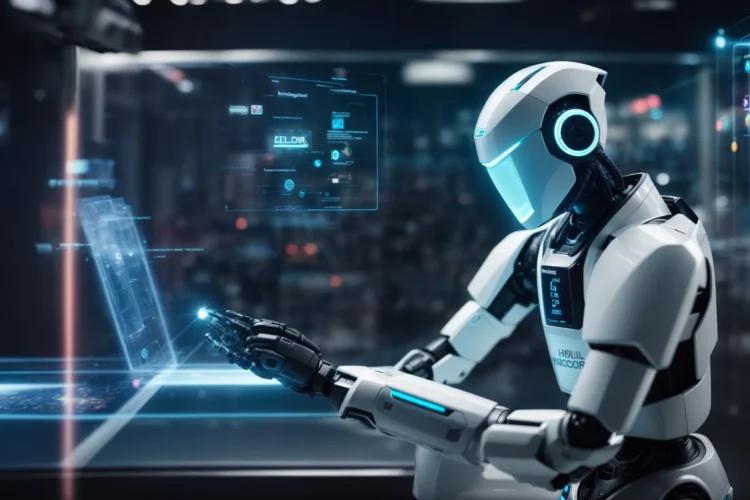 a futuristic robot interacting with a holographic display showing various marketing analytics and content strategy icons.