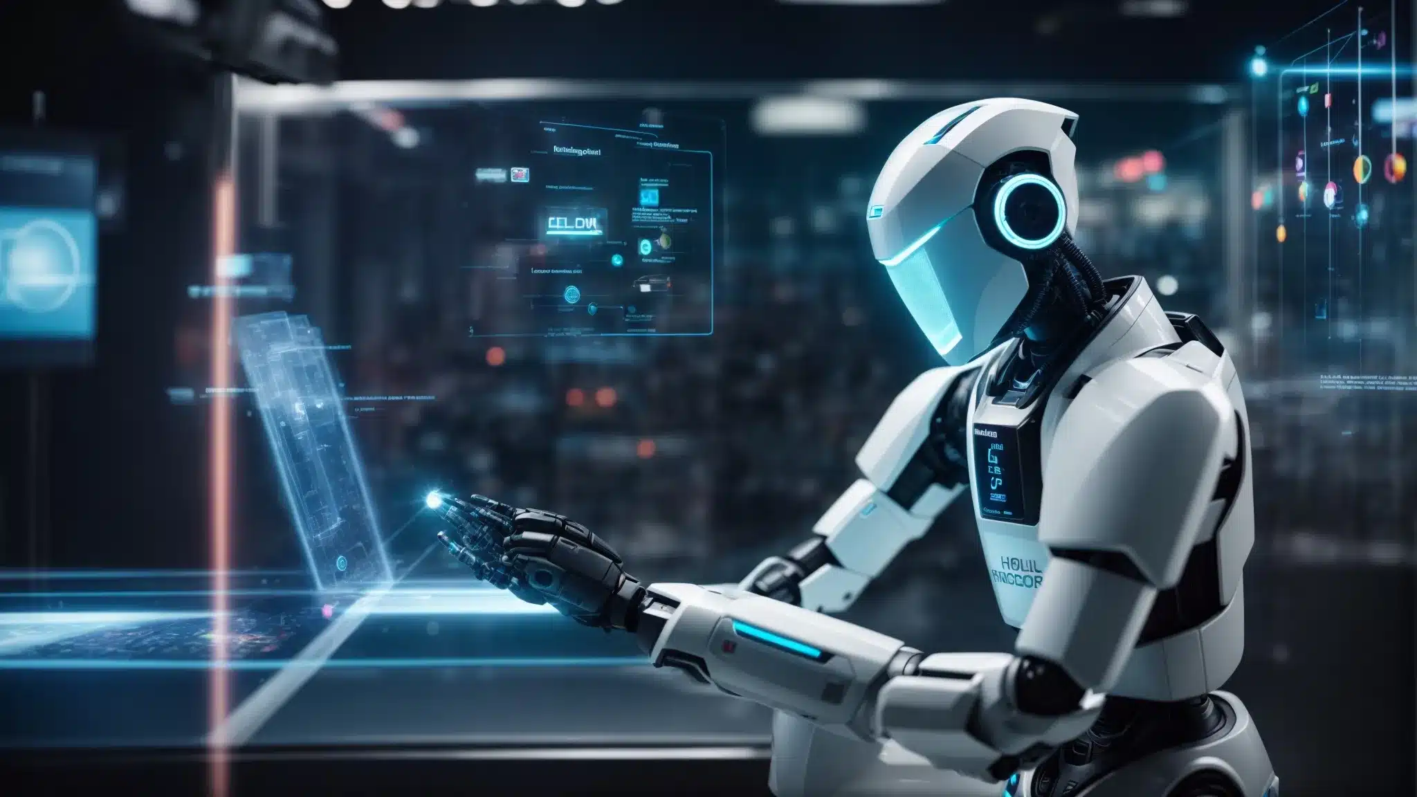 a futuristic robot interacting with a holographic display showing various marketing analytics and content strategy icons.