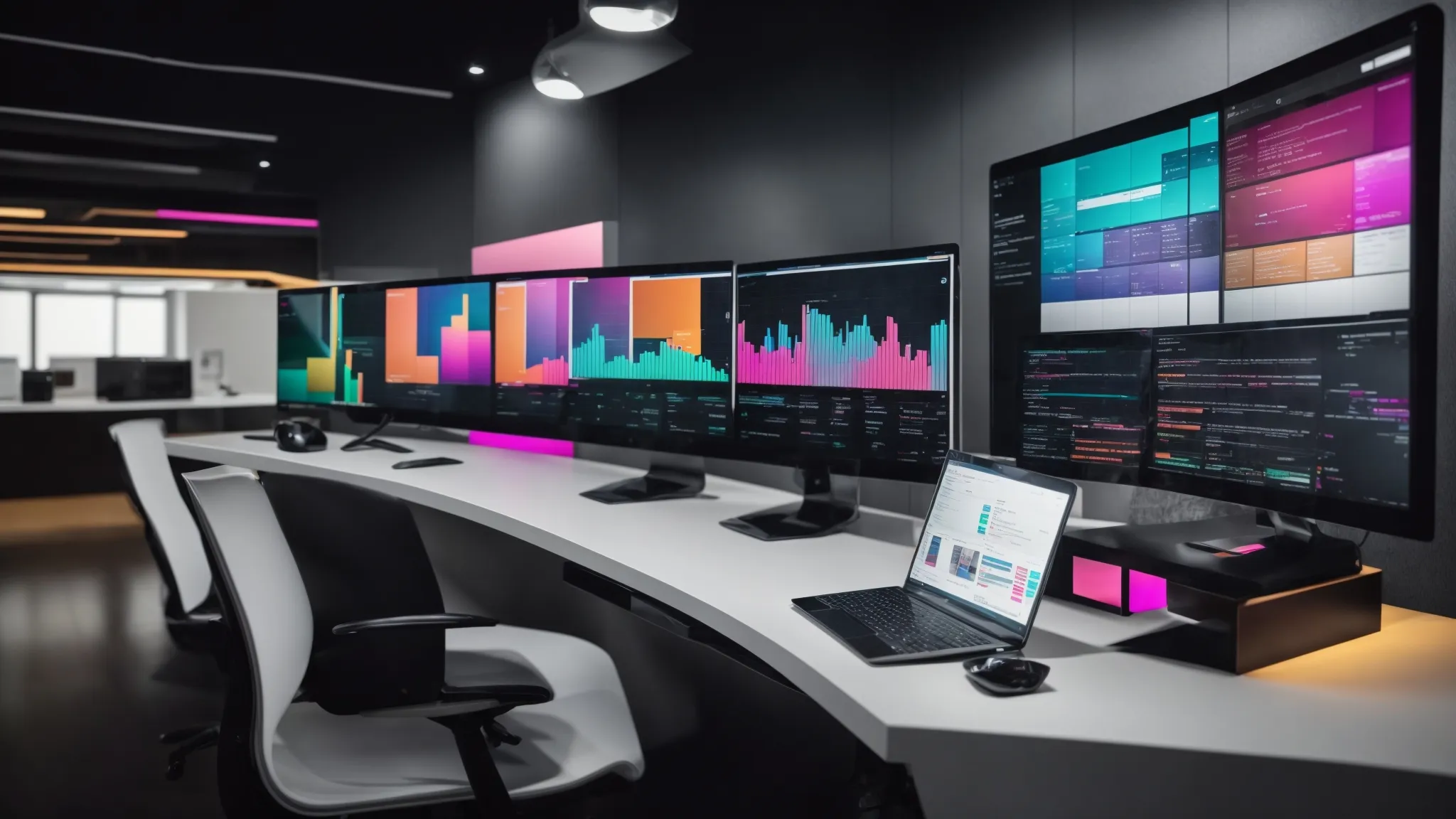 a sleek, modern office setup with multiple computer screens displaying colorful graphs and email templates, symbolizing an advanced ai-driven email campaign management system.