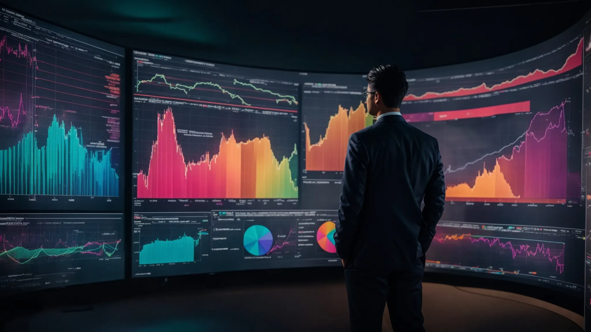 a marketer reviews complex performance analytics on a large screen, displaying colorful charts and graphs.