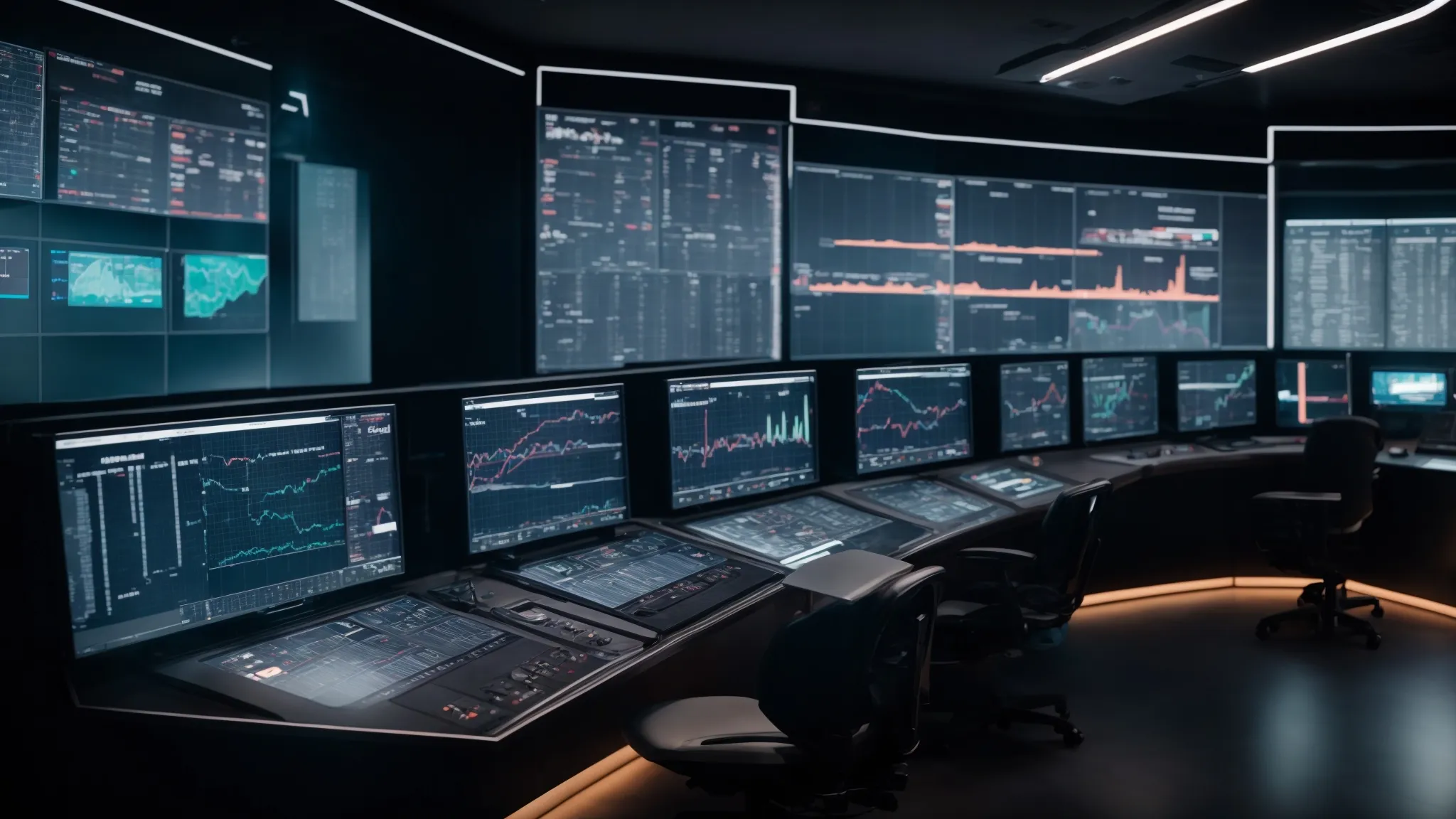 a futuristic control room with screens displaying graphs and analytics.