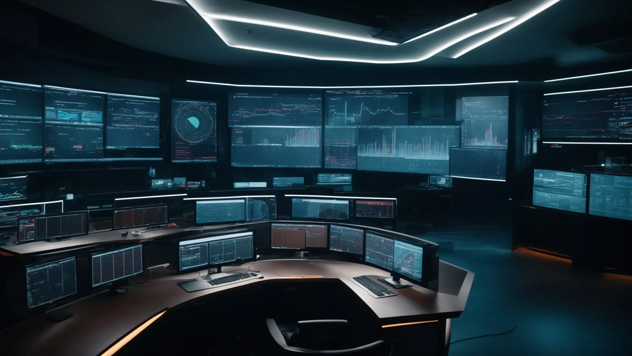 a futuristic control room with screens displaying analytical graphs and ai interfaces orchestrating a digital marketing campaign.