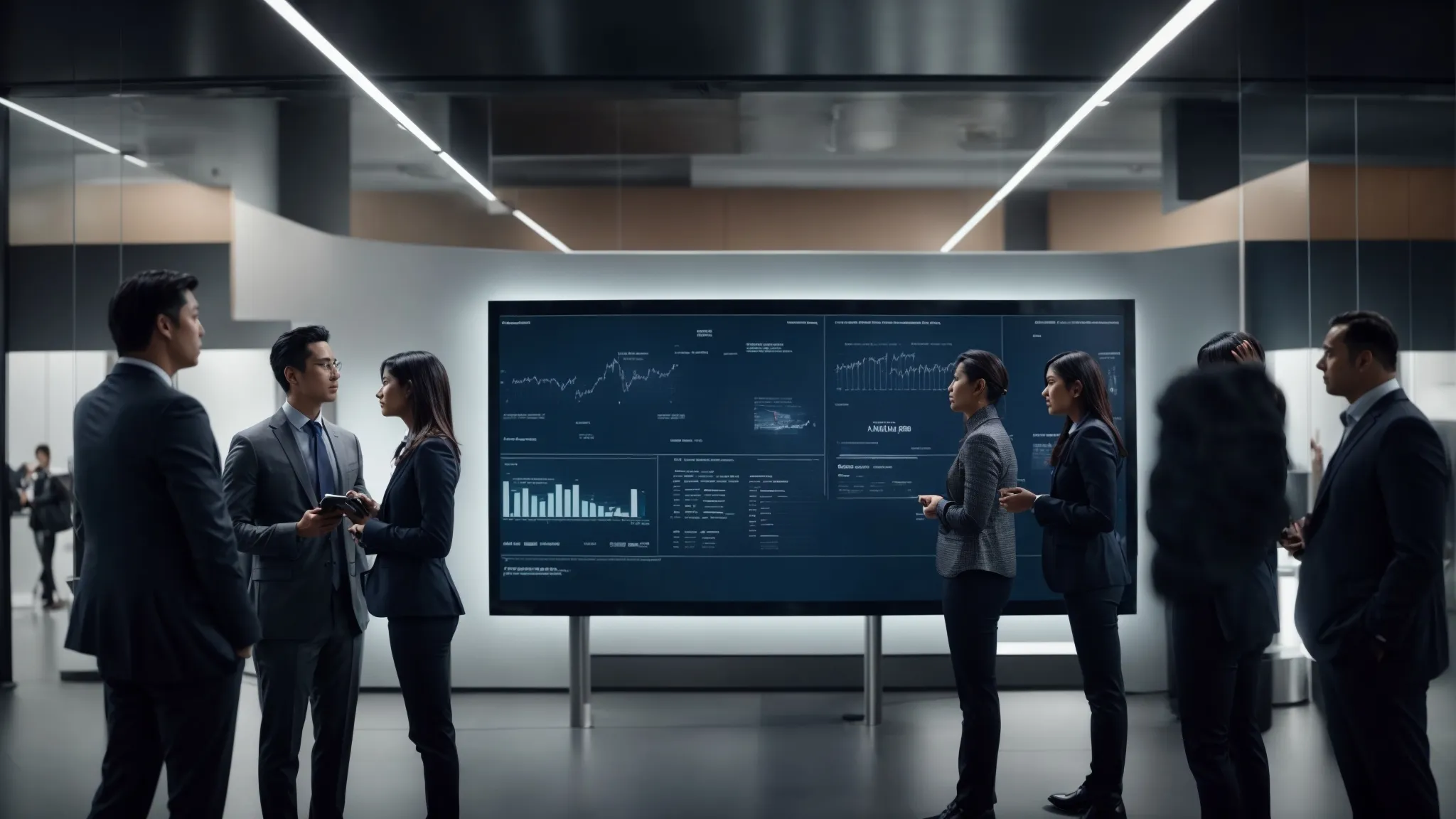 a team of marketing professionals discusses strategies around a digital display showcasing ai-driven analytics.