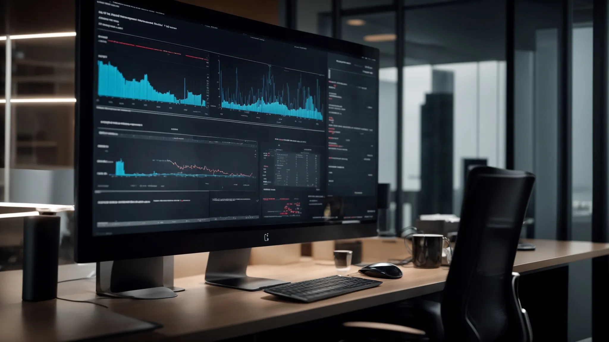 a modern, sleek office environment where a professional is analyzing graphs on a large monitor displaying an ai-powered email marketing dashboard.