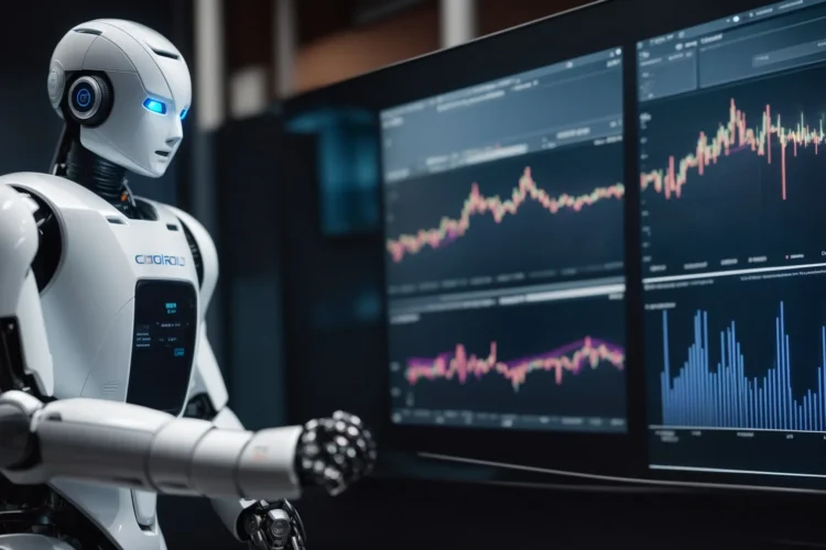 a humanoid robot casually chats with a marketer in front of a digital analytics dashboard displaying graphs and trends.