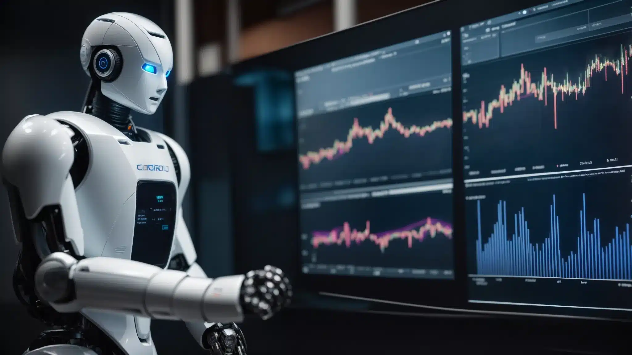 a humanoid robot casually chats with a marketer in front of a digital analytics dashboard displaying graphs and trends.