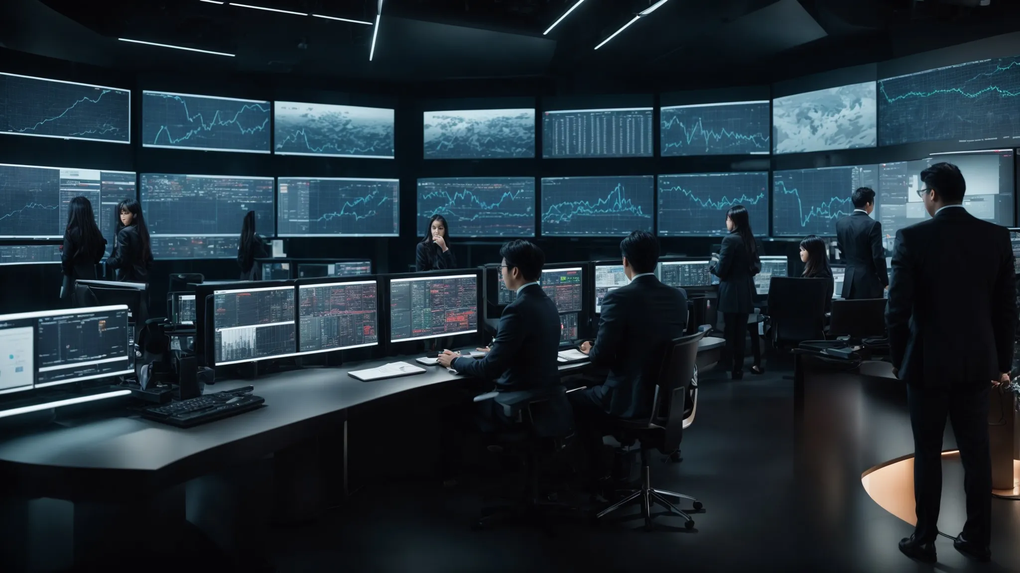 a wide-open futuristic command center with marketers analyzing dynamic dashboards that display consumer behavior predictions and real-time data trends.