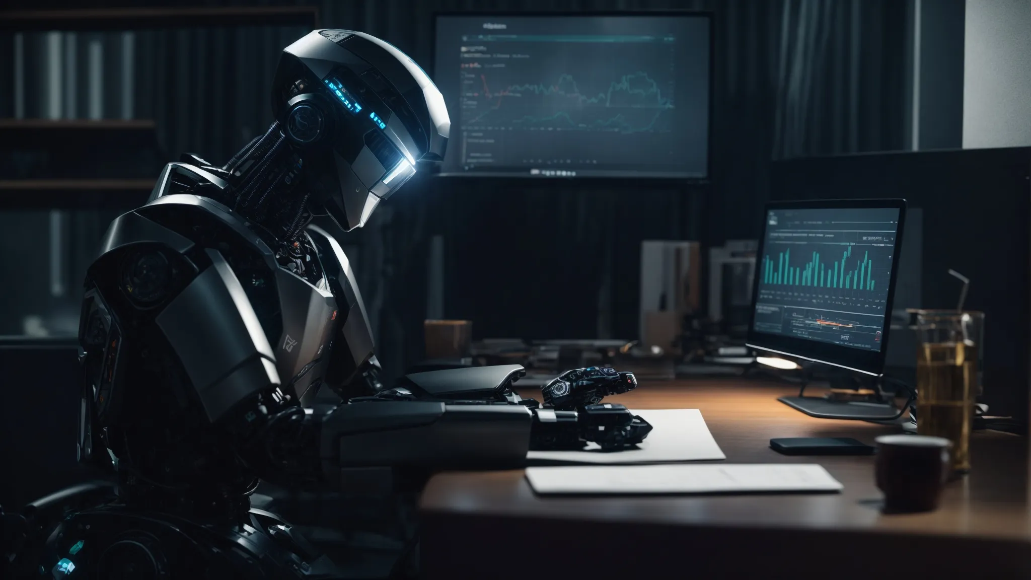 a futuristic robot sitting at a desk with a screen displaying graphs and analytics, while crafting a story.
