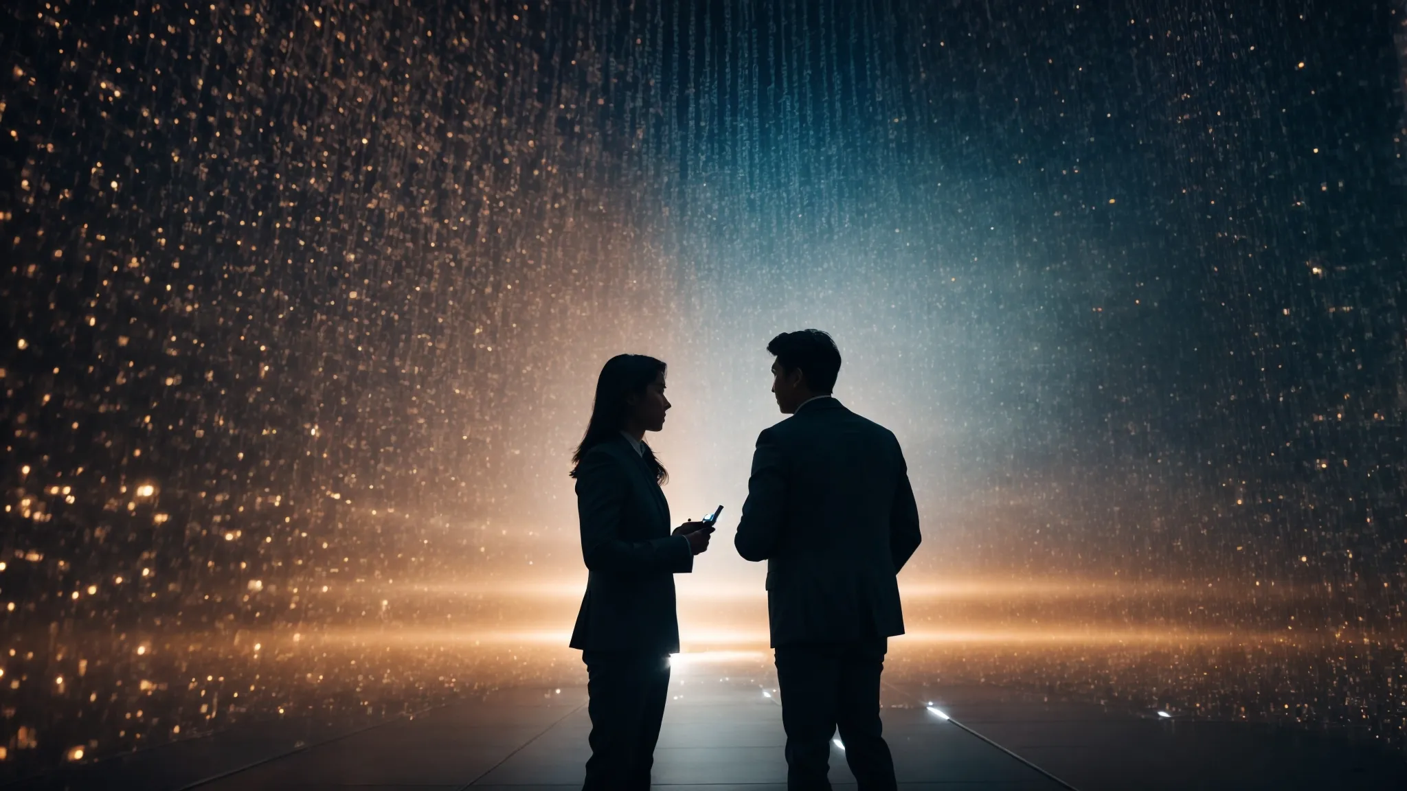 silhouetted figures interacting with a futuristic interface where streams of abstract data merge into a coherent pattern, symbolizing the convergence of ai and big data in market research.