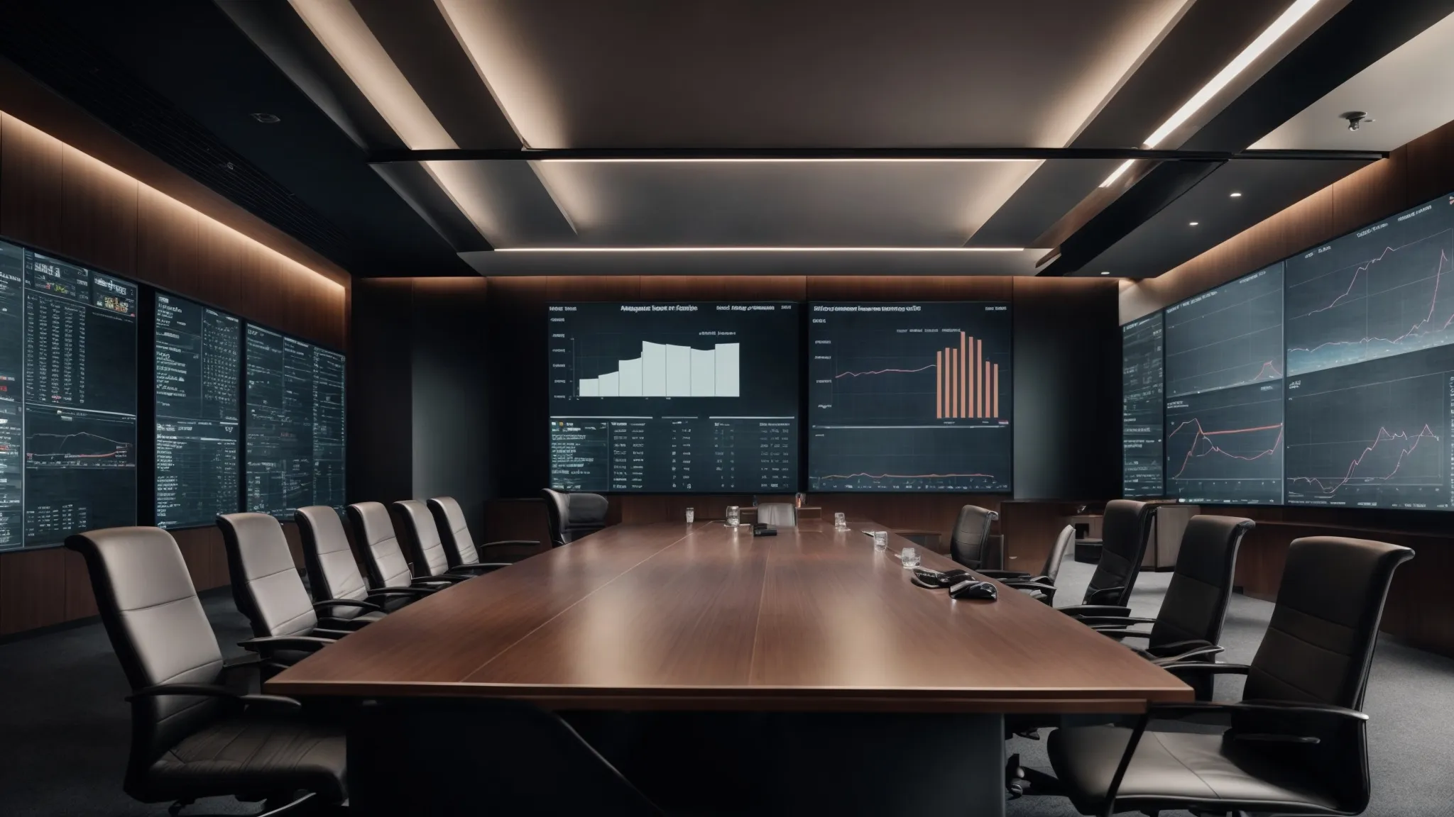 a conference room with a large screen displaying graphs and data analytics related to consumer behavior.