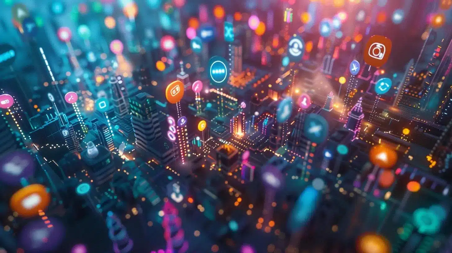 a vibrant and bustling digital landscape filled with dynamic social media icons and colorful analytics graphs, capturing the essence of real-time insights and their transformative impact on communication.