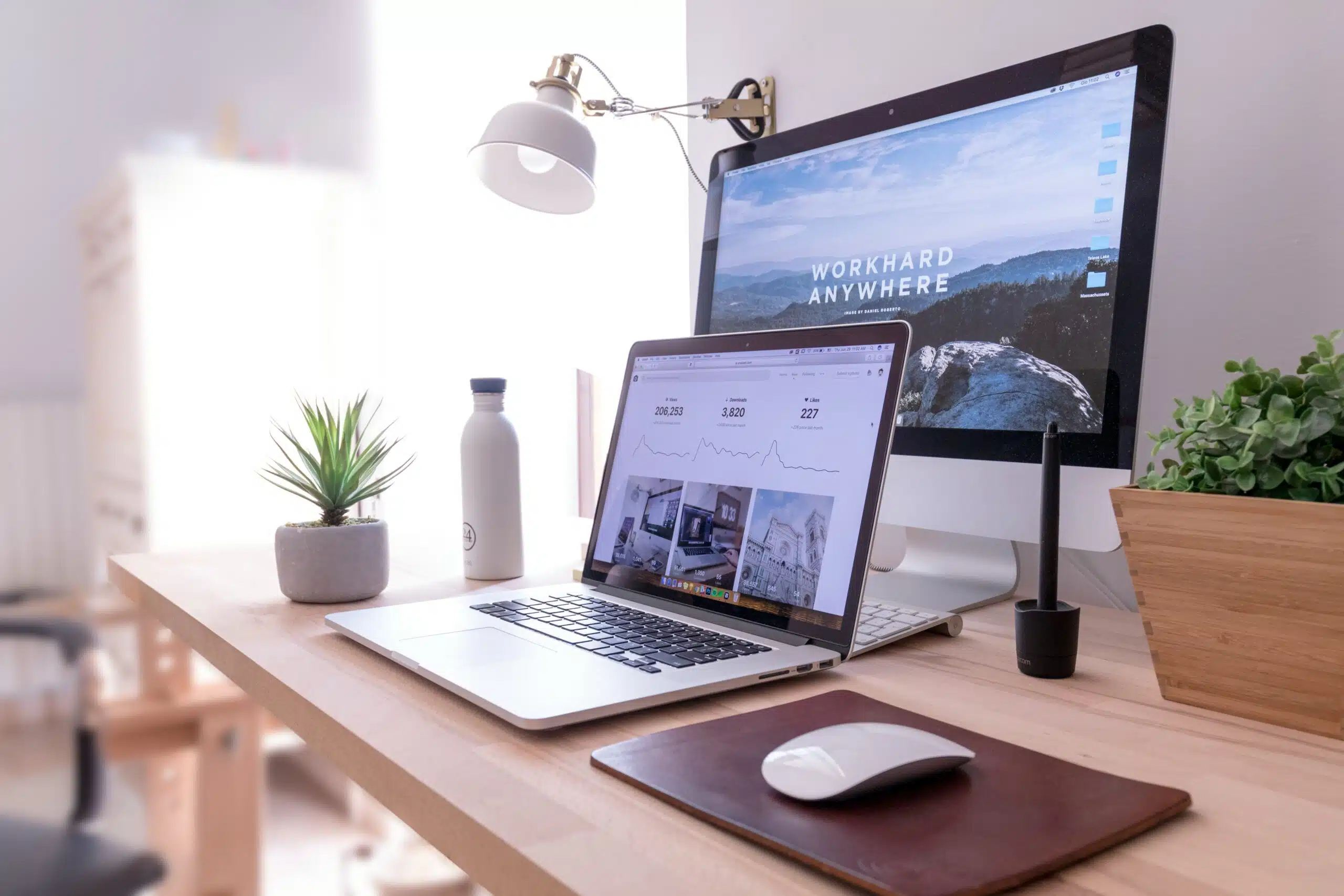 Modern workspace with dual-screen setup for ad performance analysis