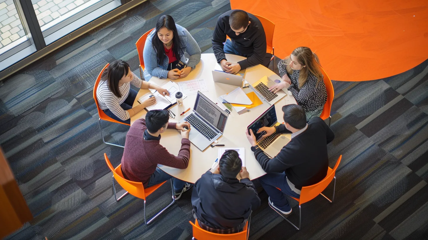 a vibrant workspace scene showcases a diverse group of small business owners collaborating around a laptop, symbolizing the synergy of effective seo strategies with bright natural light illuminating their engaged expressions.