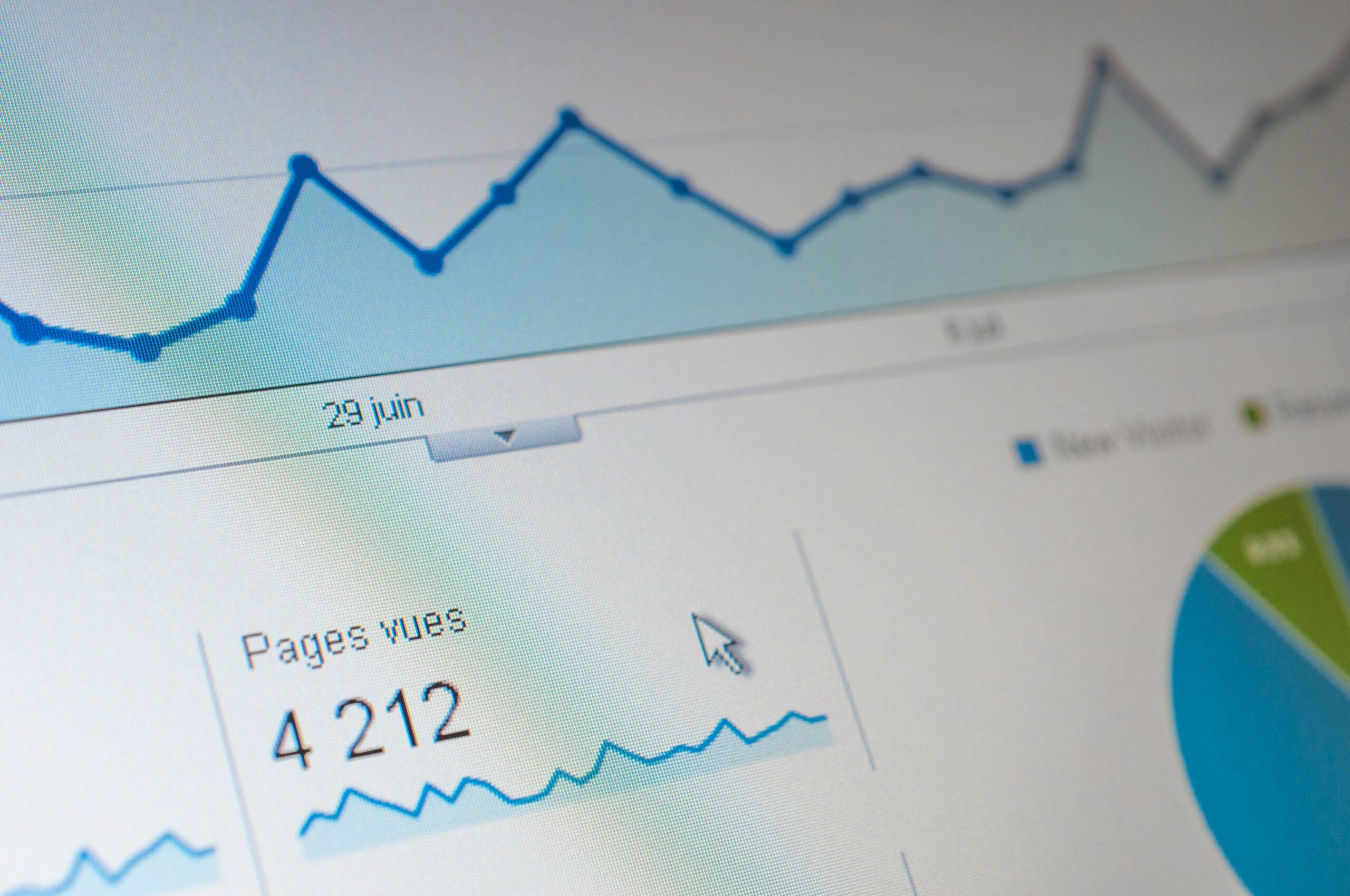 A close-up of a digital analytics dashboard showing a line graph and numerical metrics