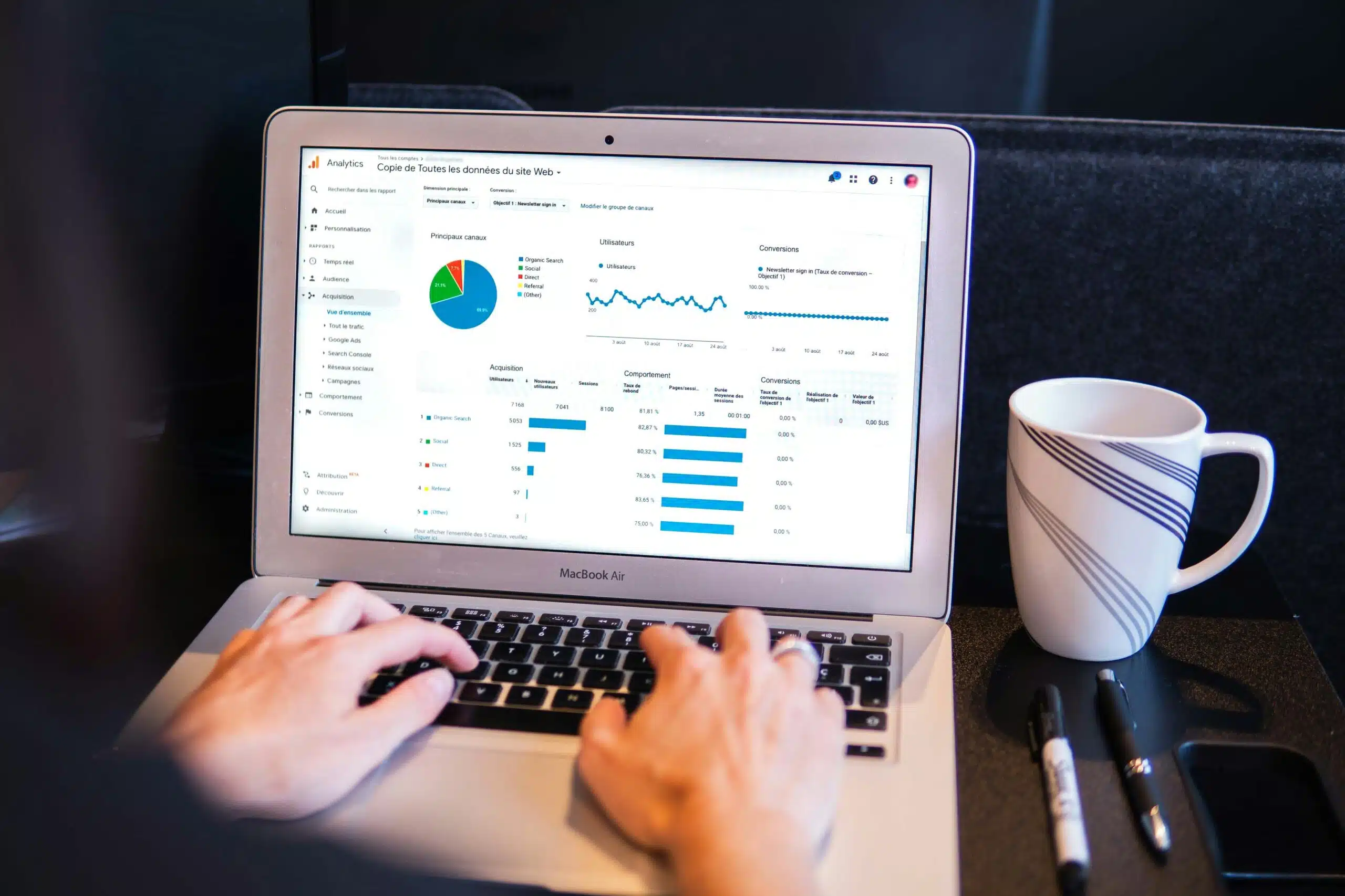 A person analyzing marketing analytics on a laptop, with a coffee cup and markers nearby.