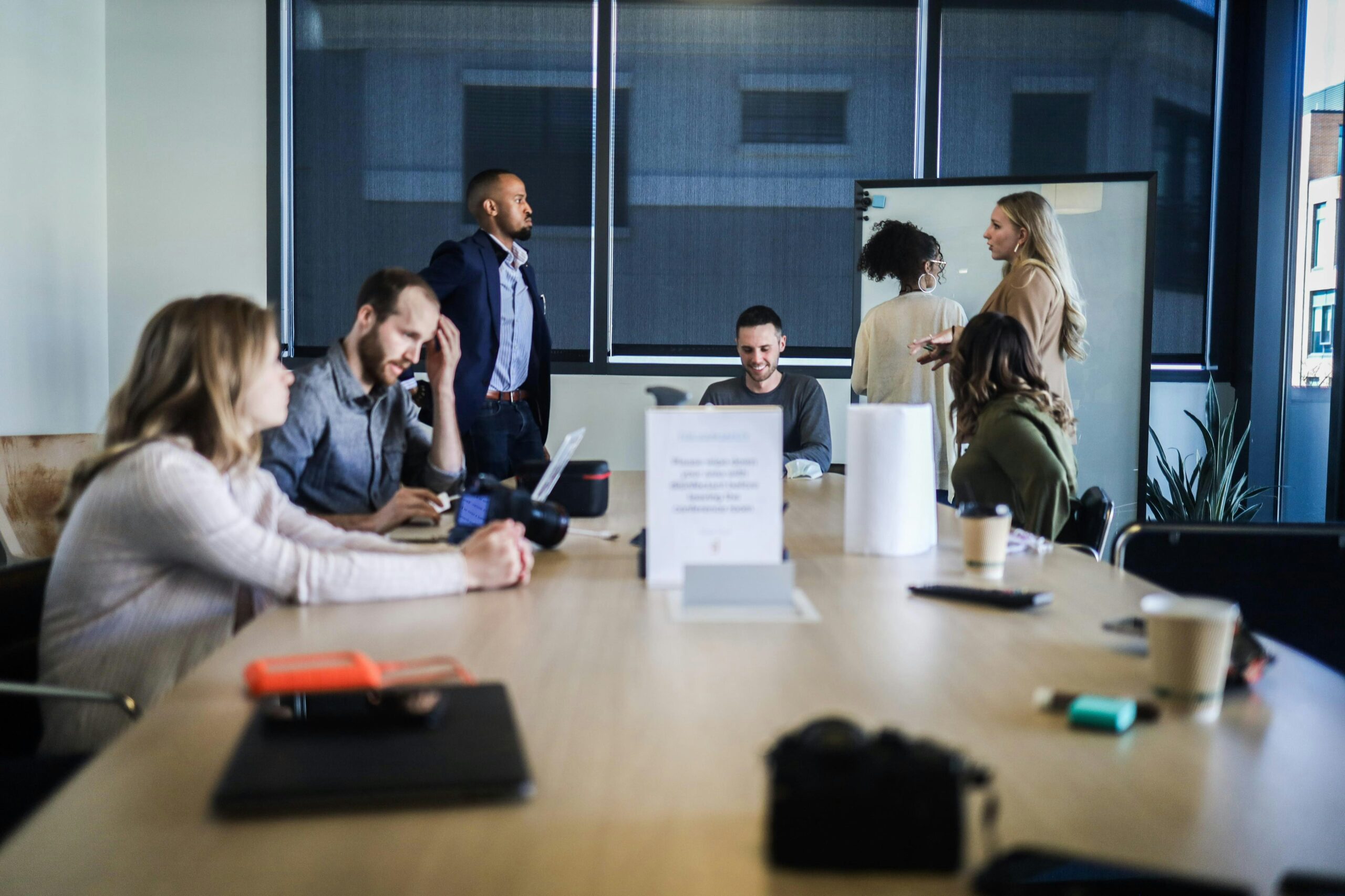 A team discussing local SEO strategies in a modern office setting.