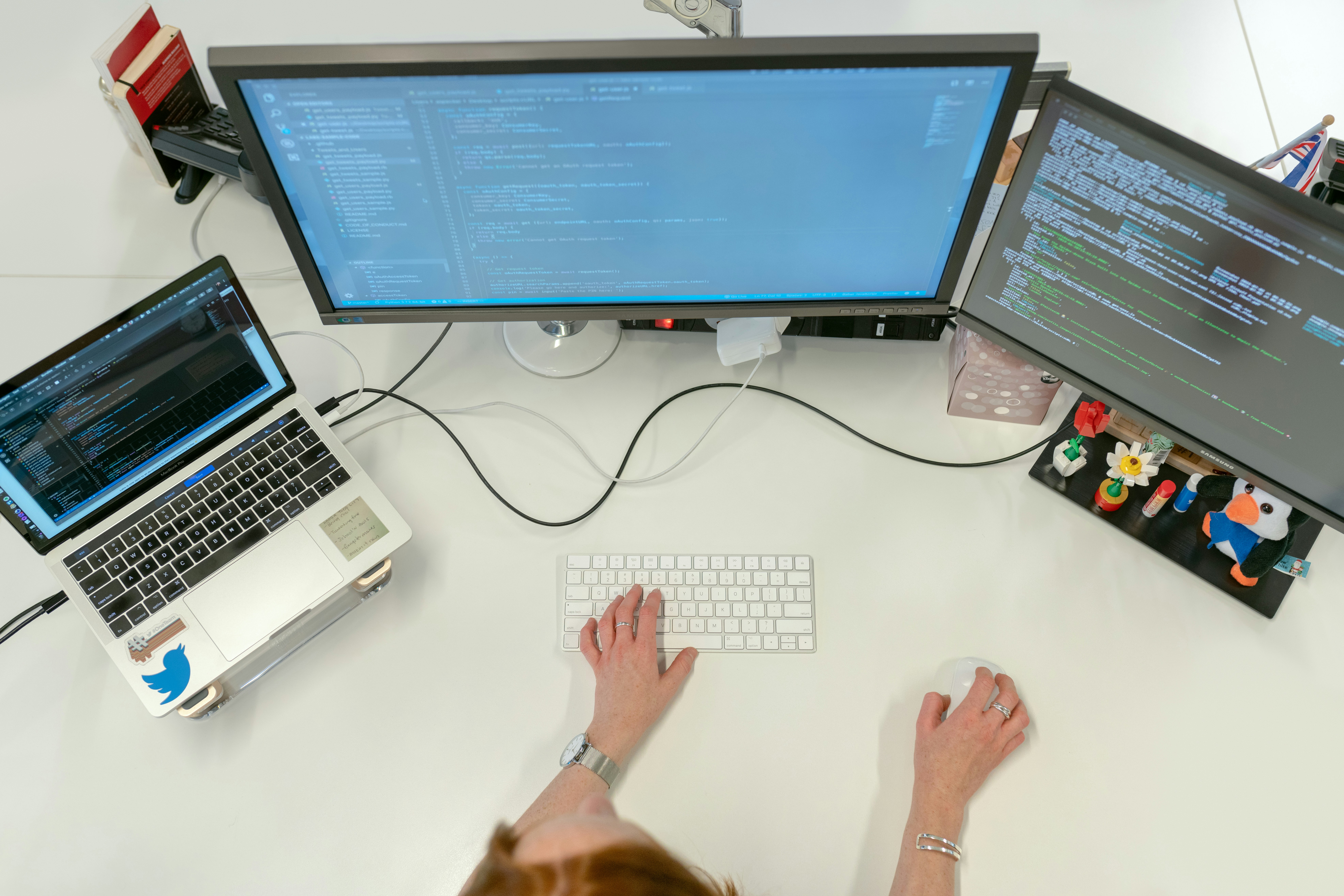 overhead view of a professional's desk with desktop setup - AI Marketing Tools overhead view of a professional's desk with desktop setup