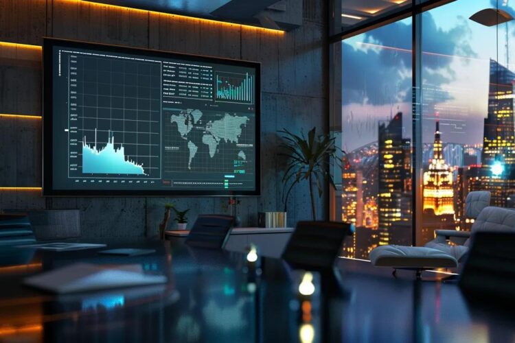 a sleek, modern office with a large digital screen displaying dynamic sales forecasting graphs, illuminated by soft, ambient lighting, emphasizing the power of ai in driving business decisions.