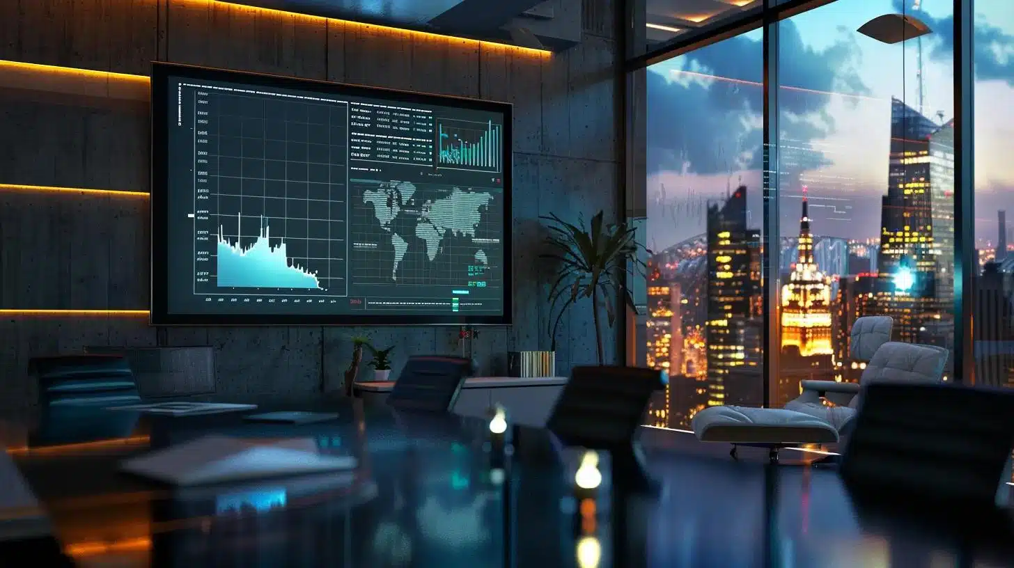 a sleek, modern office with a large digital screen displaying dynamic sales forecasting graphs, illuminated by soft, ambient lighting, emphasizing the power of ai in driving business decisions.