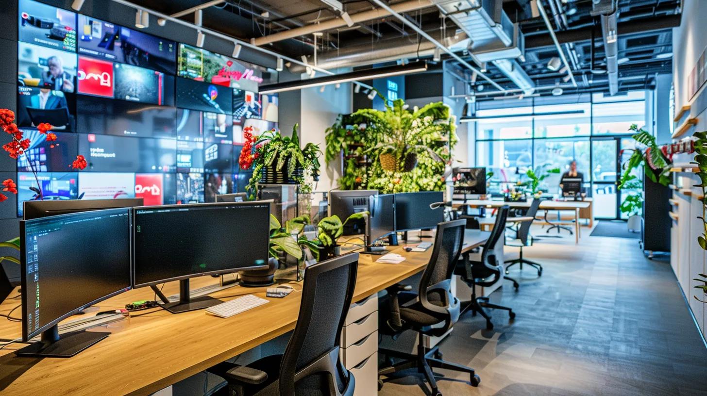 a sleek, modern office workspace filled with advanced digital screens displaying dynamic ai-generated content, highlighting the innovative future of personalized delivery in digital marketing. - AI Marketing Tools a sleek, modern office workspace filled with advanced digital screens displaying dynamic ai-generated content, highlighting the innovative future of personalized delivery in digital marketing.