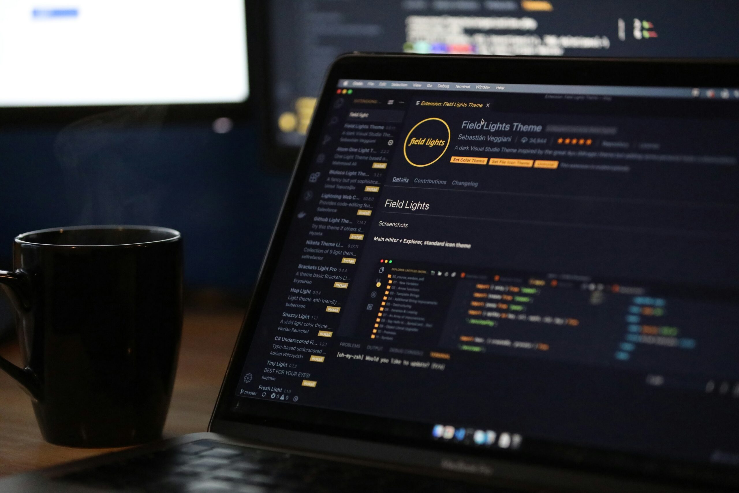 Dark-themed code editor open on a laptop beside a coffee mug, showing analytics plugin installation. - AI Marketing Tools Dark-themed code editor open on a laptop beside a coffee mug, showing analytics plugin installation.
